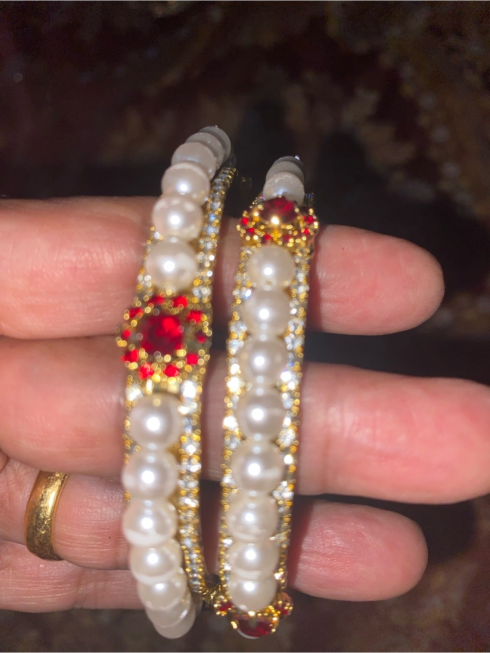 Elegant Pearl and Red Crystal Gold-Trim Bangles - Women Jewelry